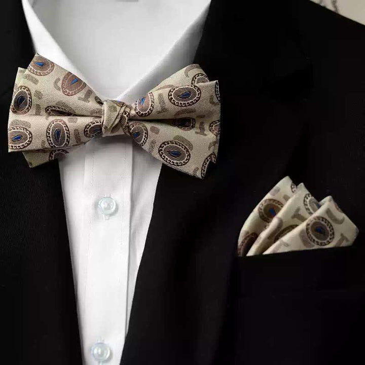 Pajarita con pañuelo de doble capa con estampado vintage para hombre