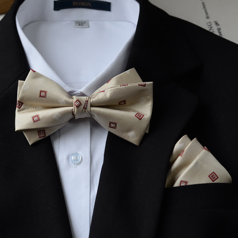 Pajarita con pañuelo de doble capa con estampado vintage para hombre