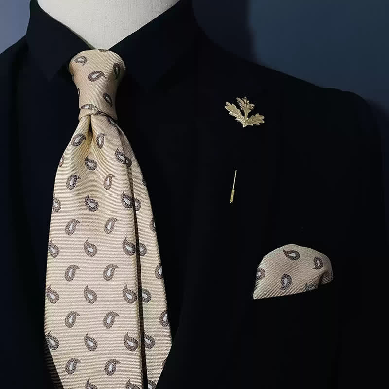 Conjunto de 2 corbatas y pañuelos con estampado de cachemira beige para hombre
