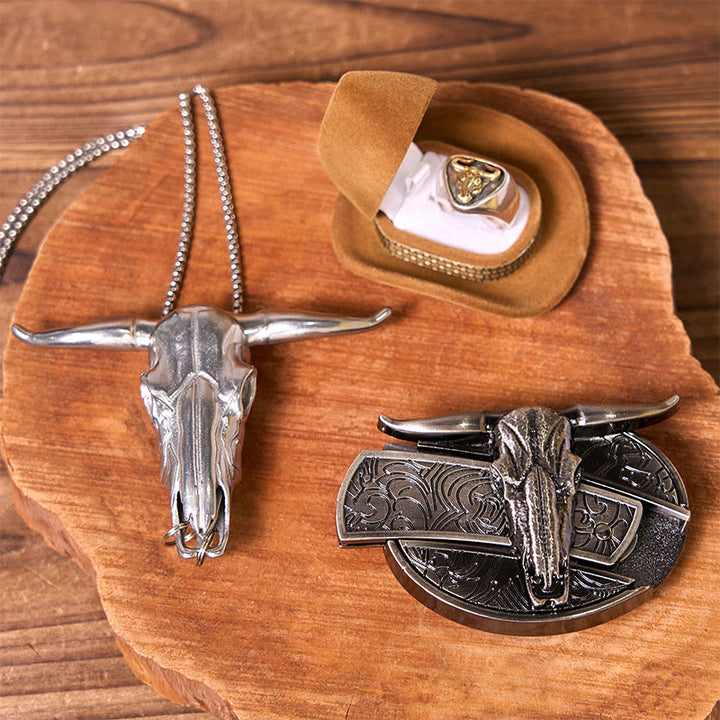 Hebilla de cinturón con cuchillo oculto de vaca occidental y juego de anillos de toro.