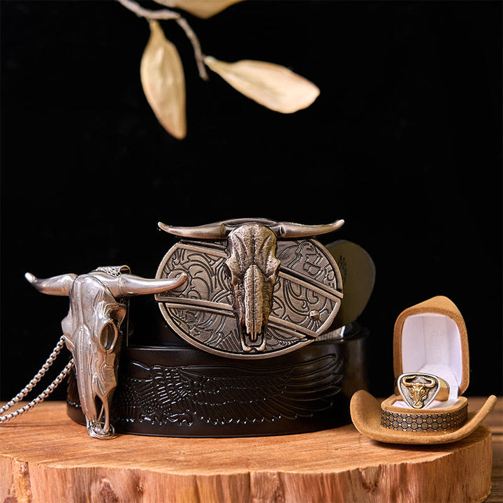 Hebilla de cinturón con cuchillo oculto de vaca occidental y juego de anillos de toro.