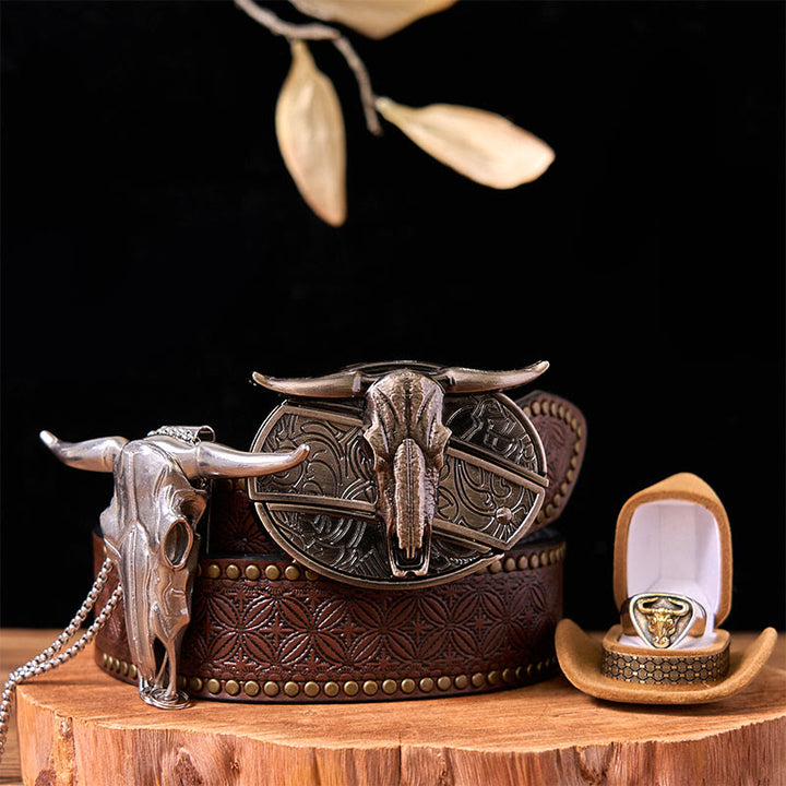 Hebilla de cinturón con cuchillo oculto de vaca occidental y juego de anillos de toro.