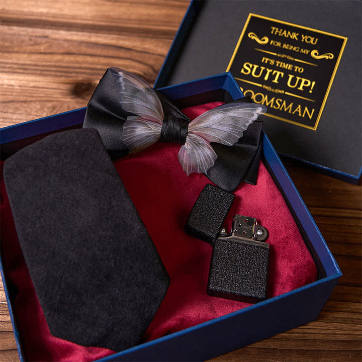 3 piezas de corbatas negras con temática de mariposa, pajarita esmerilada, caja de regalo para padrinos de boda