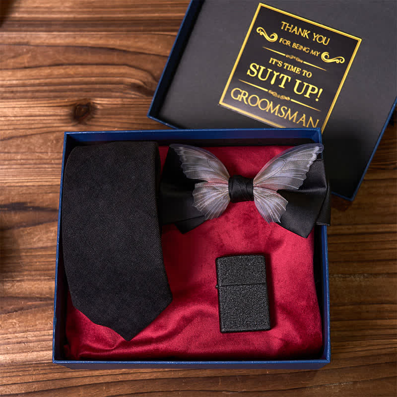 3 piezas de corbatas negras con temática de mariposa, pajarita esmerilada, caja de regalo para padrinos de boda