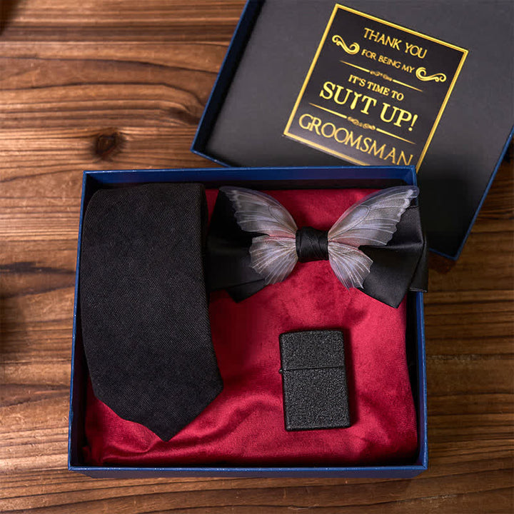 3 piezas de corbatas negras con temática de mariposa, pajarita esmerilada, caja de regalo para padrinos de boda