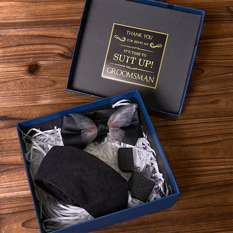 3 piezas de corbatas negras con temática de mariposa, pajarita esmerilada, caja de regalo para padrinos de boda