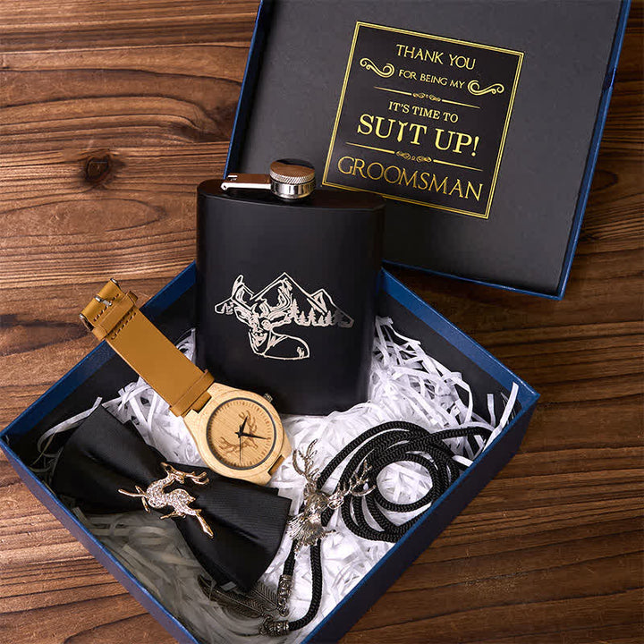 4 piezas de pajarita negra con temática de ciervo, frasco, corbata de bolo, reloj de madera, caja de regalo para padrinos de boda