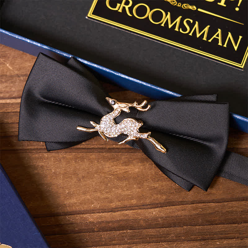 4 piezas de pajarita negra con temática de ciervo, frasco, corbata de bolo, reloj de madera, caja de regalo para padrinos de boda