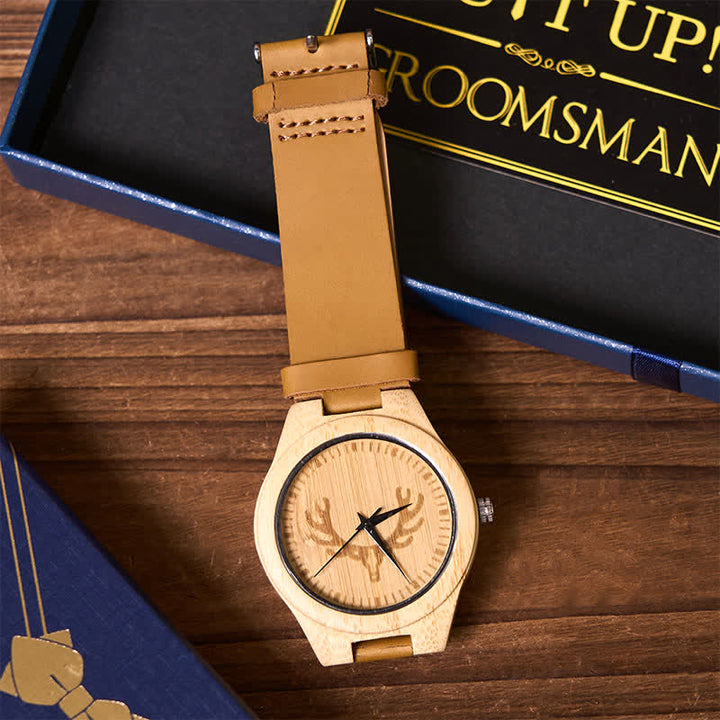 4 piezas de pajarita negra con temática de ciervo, frasco, corbata de bolo, reloj de madera, caja de regalo para padrinos de boda