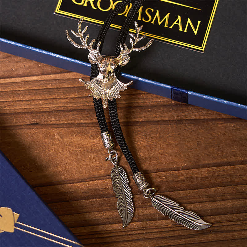 4 piezas de pajarita negra con temática de ciervo, frasco, corbata de bolo, reloj de madera, caja de regalo para padrinos de boda