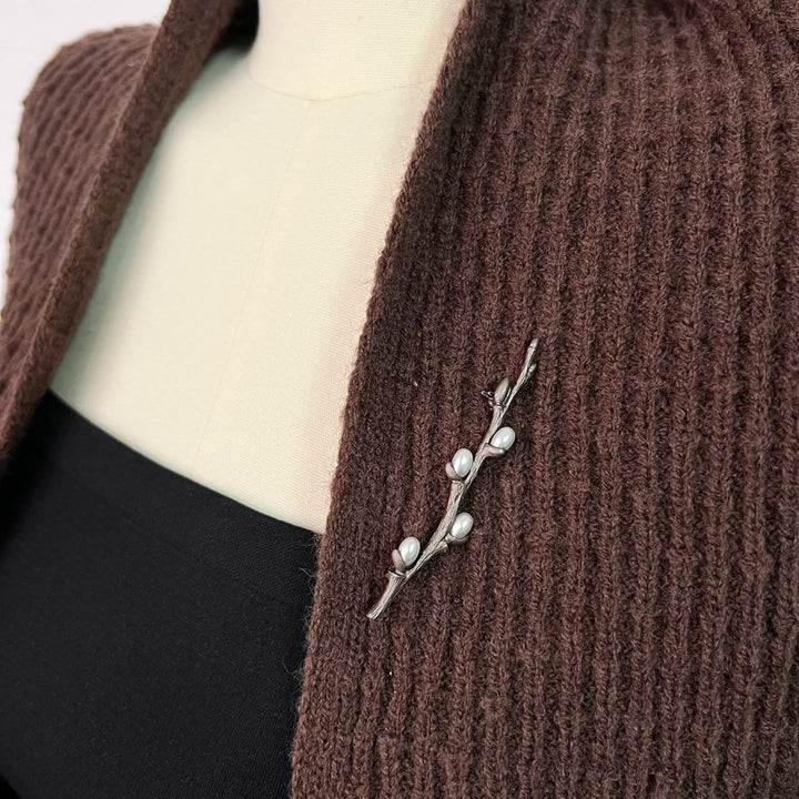 Broche de rama vintage con alfiler de aleación de perla y madera