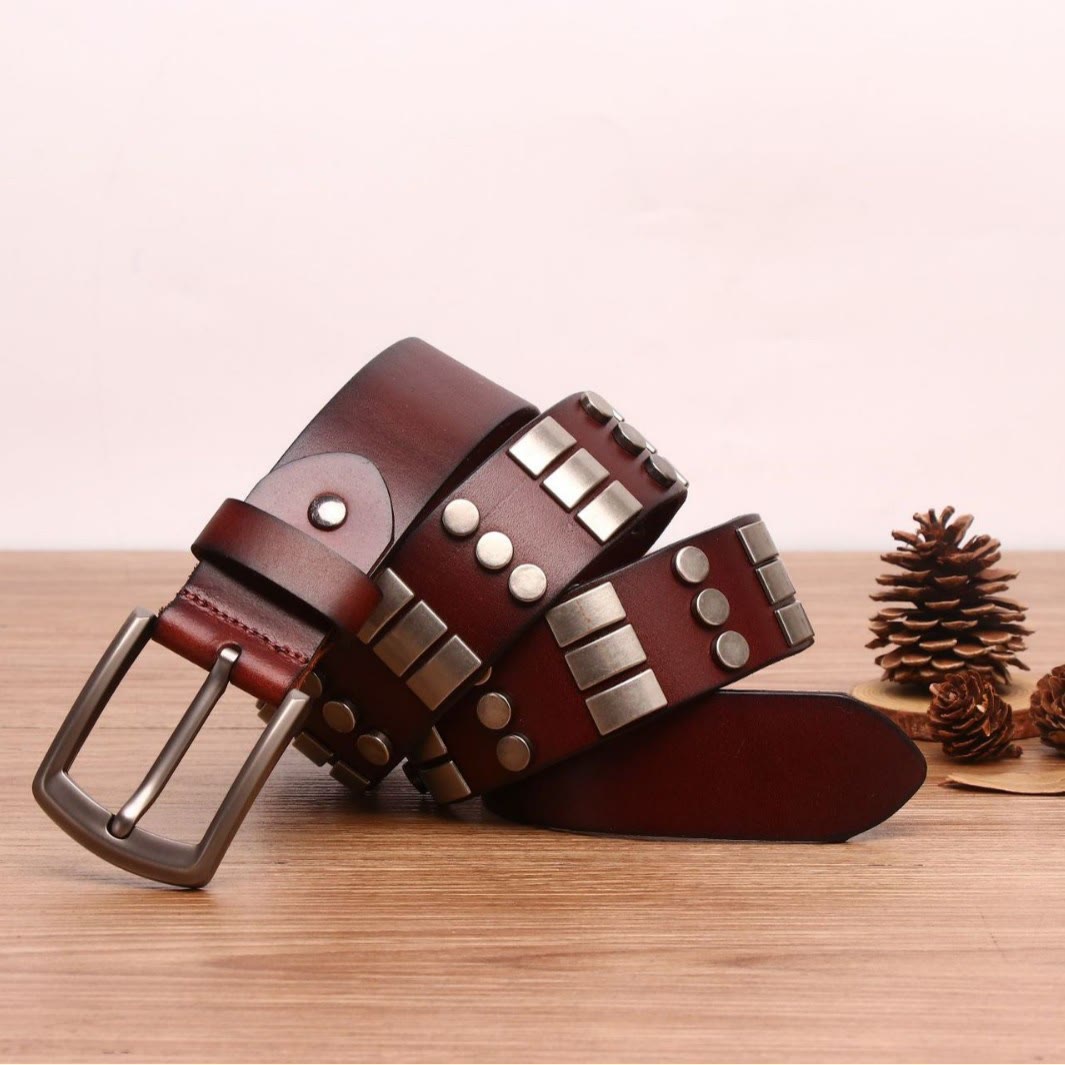 Cinturón de cuero genuino para hombre con remaches punk