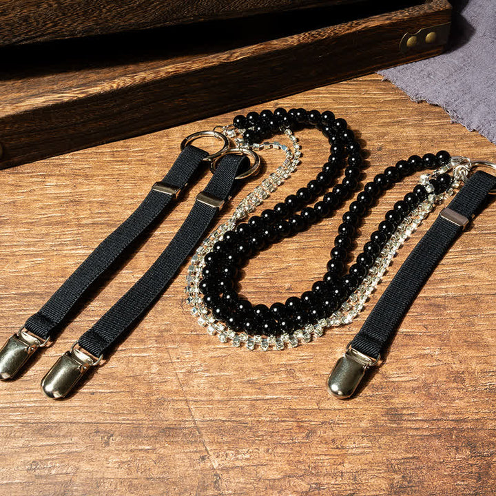 Tirantes elásticos con cadena de perlas sintéticas negras de moda para mujer