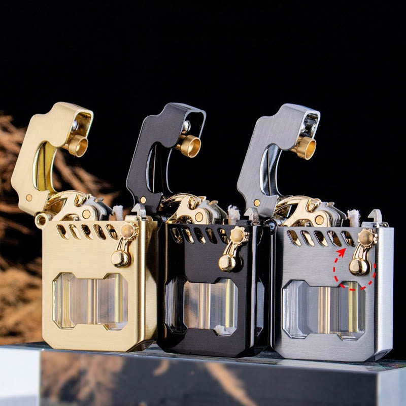 Encendedor de queroseno recargable con brazo basculante y tanque de aceite transparente retro