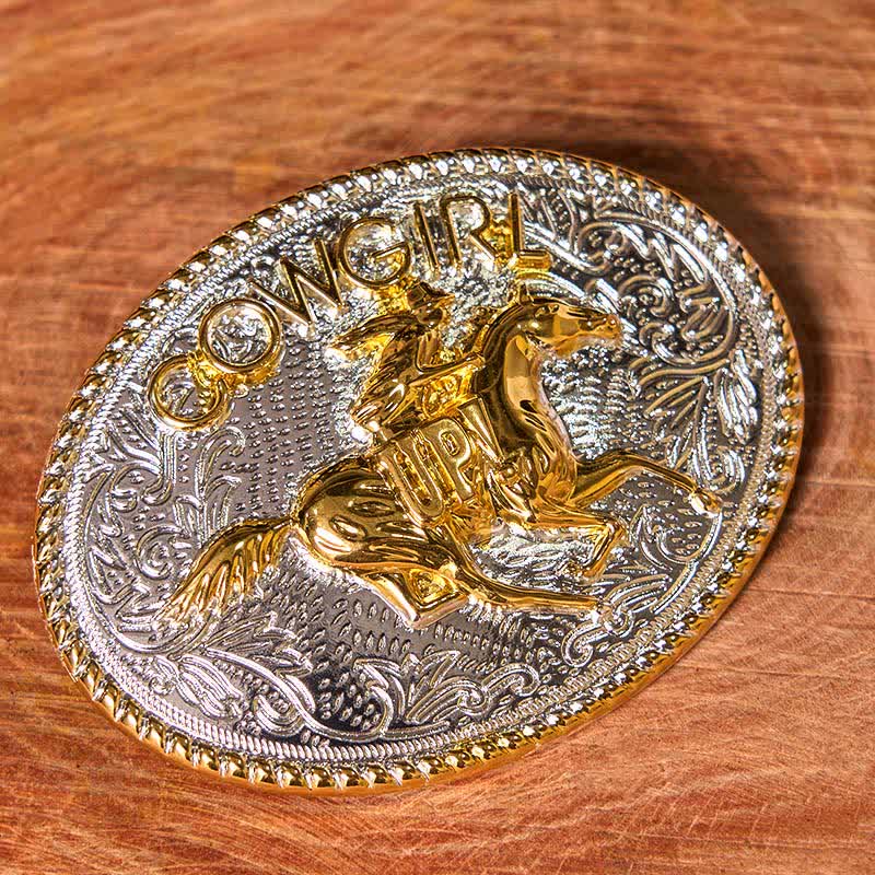 Conjunto de hebilla de cinturón con forma de vaquera, con diseño de caballo corriendo y cuchillo oculto, con anillo de rosa giratorio