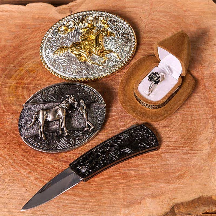 Conjunto de hebilla de cinturón con forma de vaquera occidental con cuchillo oculto, anillo de rosa con giro, bricolaje