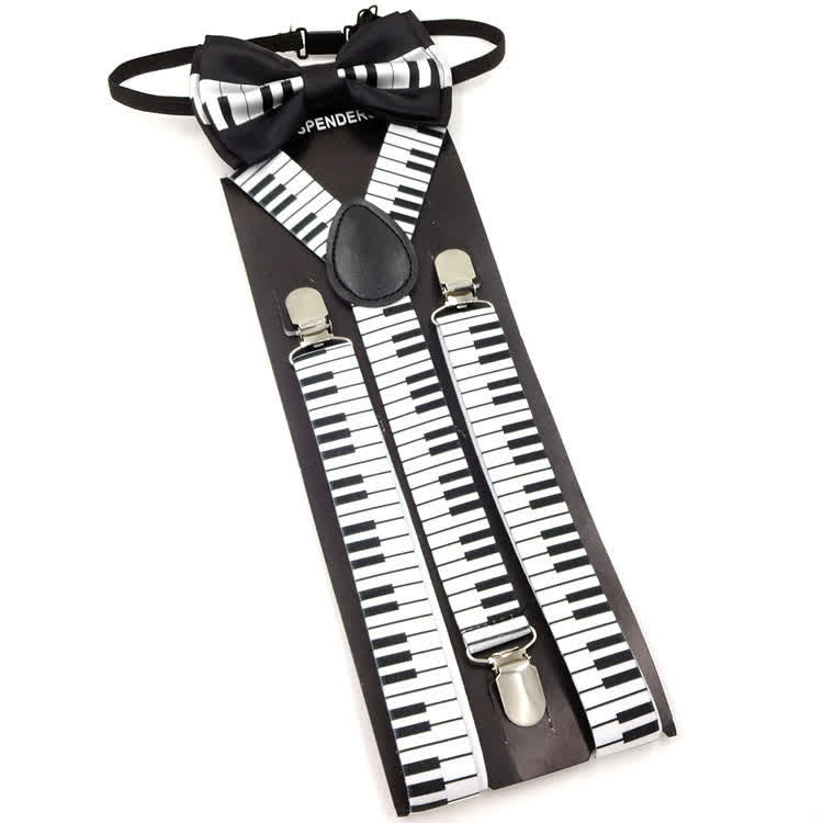 Juego de 2 tirantes ajustables con 3 pinzas y pajarita con diseño de piano
