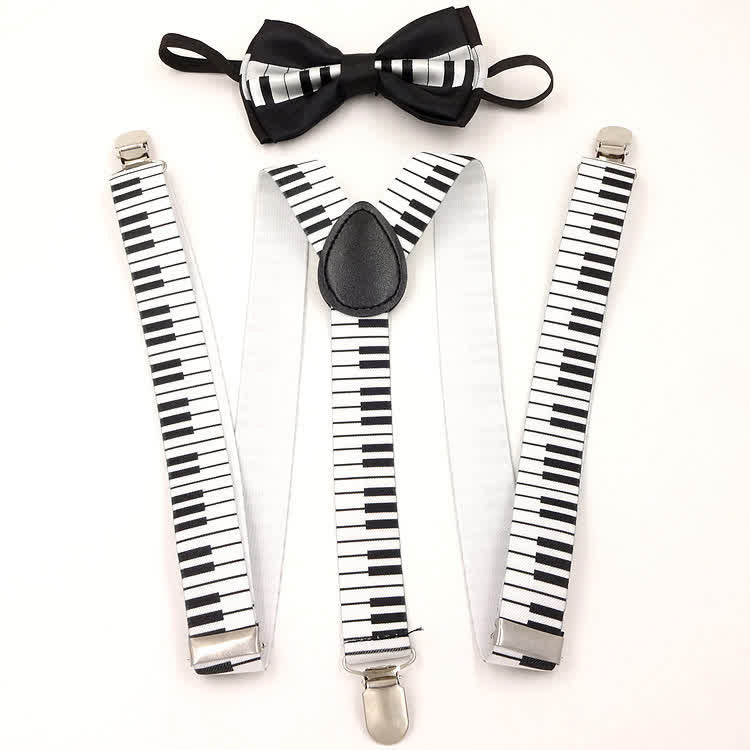 Juego de 2 tirantes ajustables con 3 pinzas y pajarita con diseño de piano