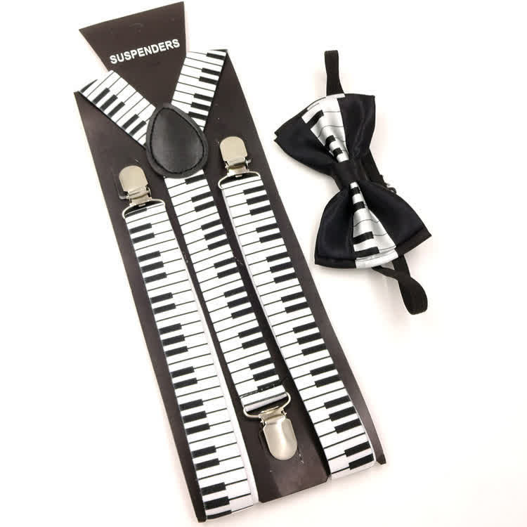 Juego de 2 tirantes ajustables con 3 pinzas y pajarita con diseño de piano