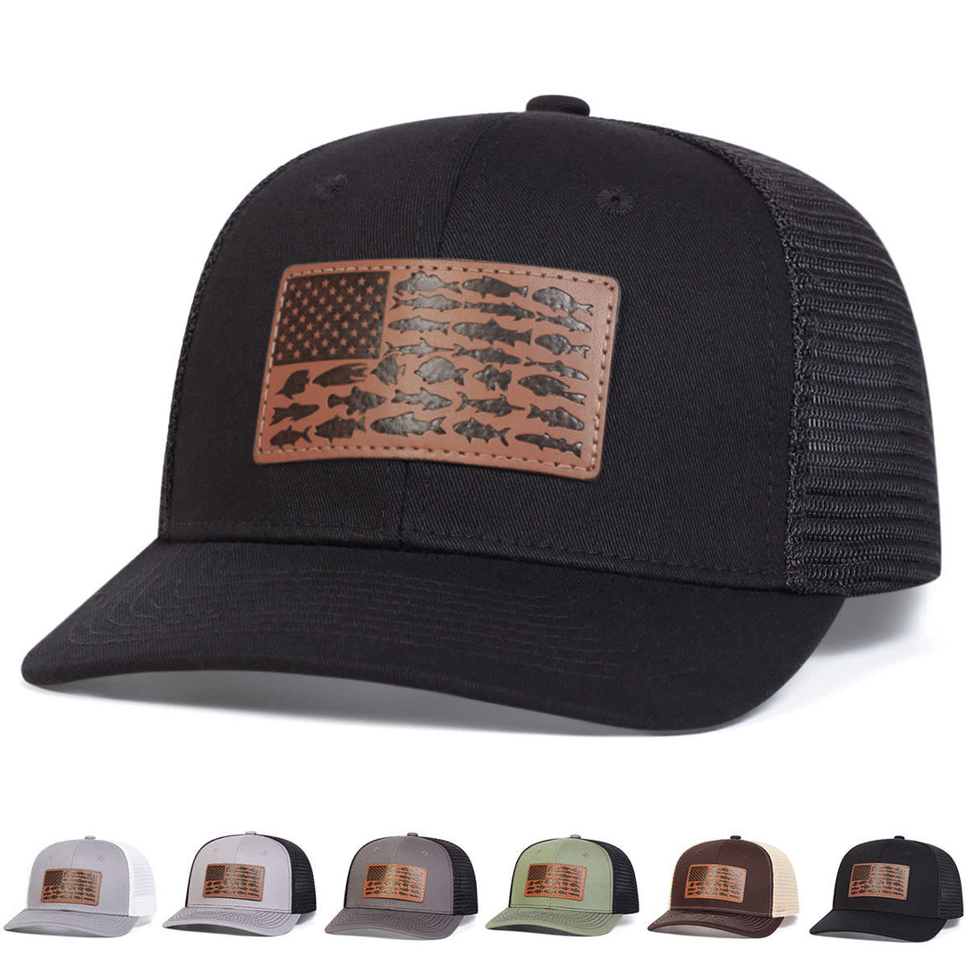 Gorra de camionero ajustable para exteriores con diseño de pez y bandera para hombre