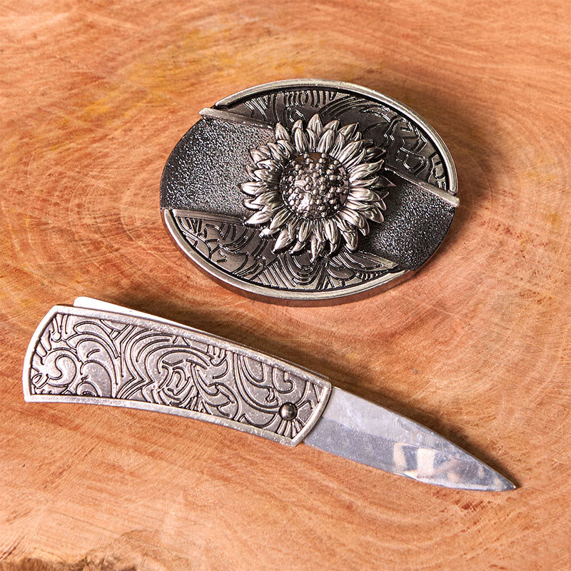 Hebilla de cinturón con cuchillo oculto de girasol y colgante de cuerno largo