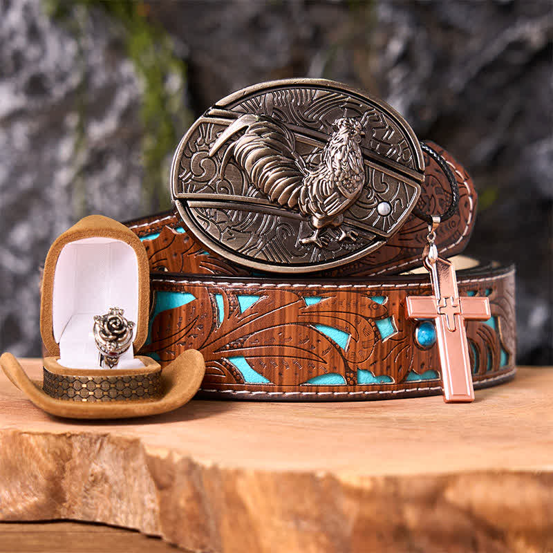 Conjunto de anillo y hebilla de cinturón con forma de gallo, con cuchillo oculto, colgante de cruz y rosa