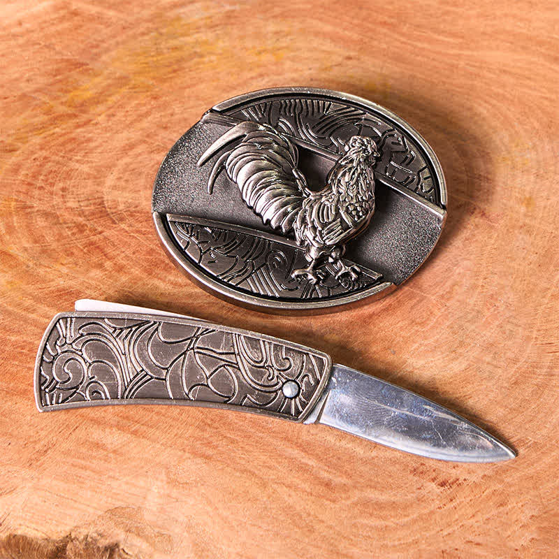 Conjunto de anillo y hebilla de cinturón con forma de gallo, con cuchillo oculto, colgante de cruz y rosa