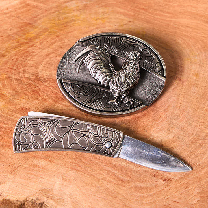 Conjunto de anillo y hebilla de cinturón con forma de gallo, con cuchillo oculto, colgante de cruz y rosa
