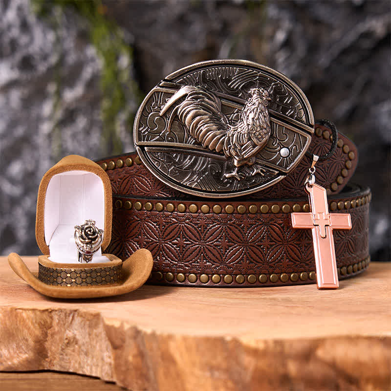 Conjunto de anillo y hebilla de cinturón con forma de gallo, con cuchillo oculto, colgante de cruz y rosa