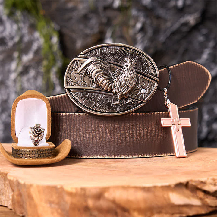 Conjunto de anillo y hebilla de cinturón con forma de gallo, con cuchillo oculto, colgante de cruz y rosa