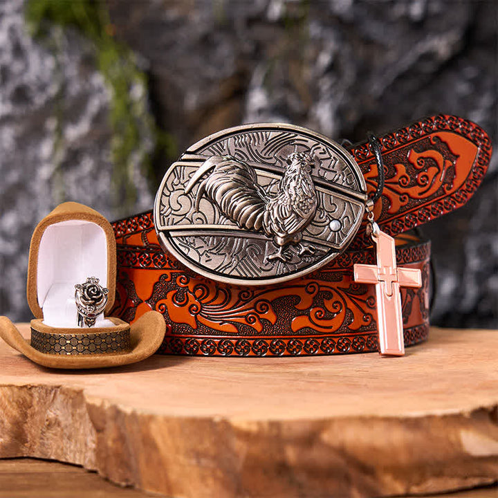 Conjunto de anillo y hebilla de cinturón con forma de gallo, con cuchillo oculto, colgante de cruz y rosa