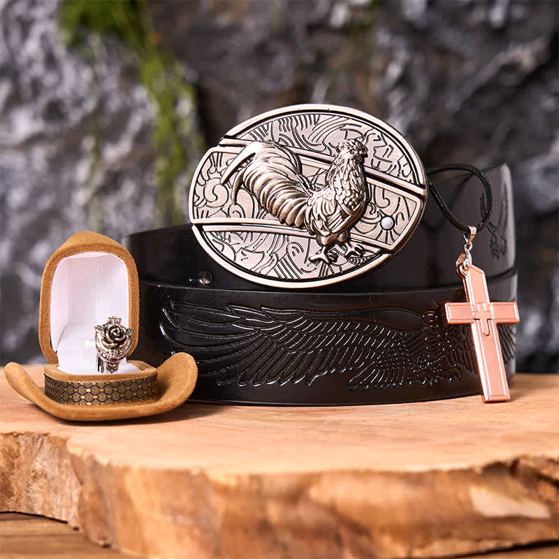Conjunto de anillo y hebilla de cinturón con forma de gallo, con cuchillo oculto, colgante de cruz y rosa