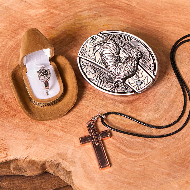 Conjunto de anillo y hebilla de cinturón con forma de gallo, con cuchillo oculto, colgante de cruz y rosa