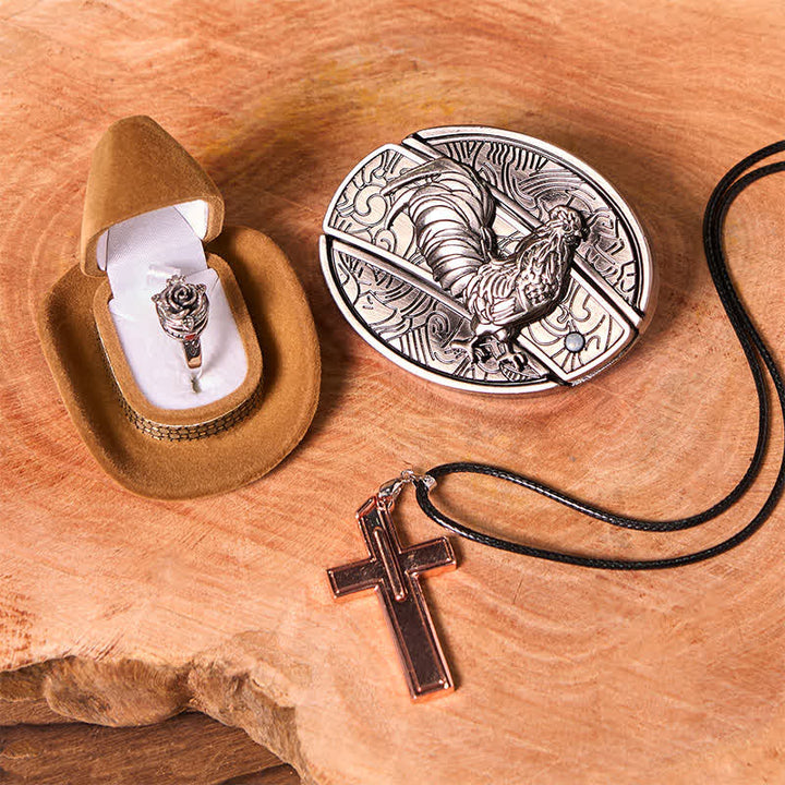 Conjunto de anillo y hebilla de cinturón con forma de gallo, con cuchillo oculto, colgante de cruz y rosa