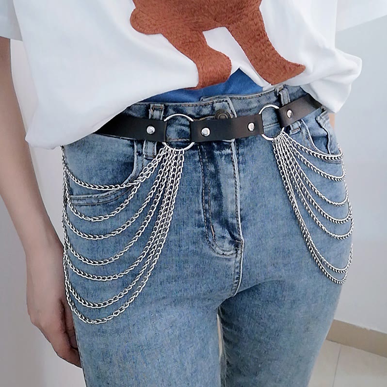 Cinturón de cadena punk de cuero con siete capas