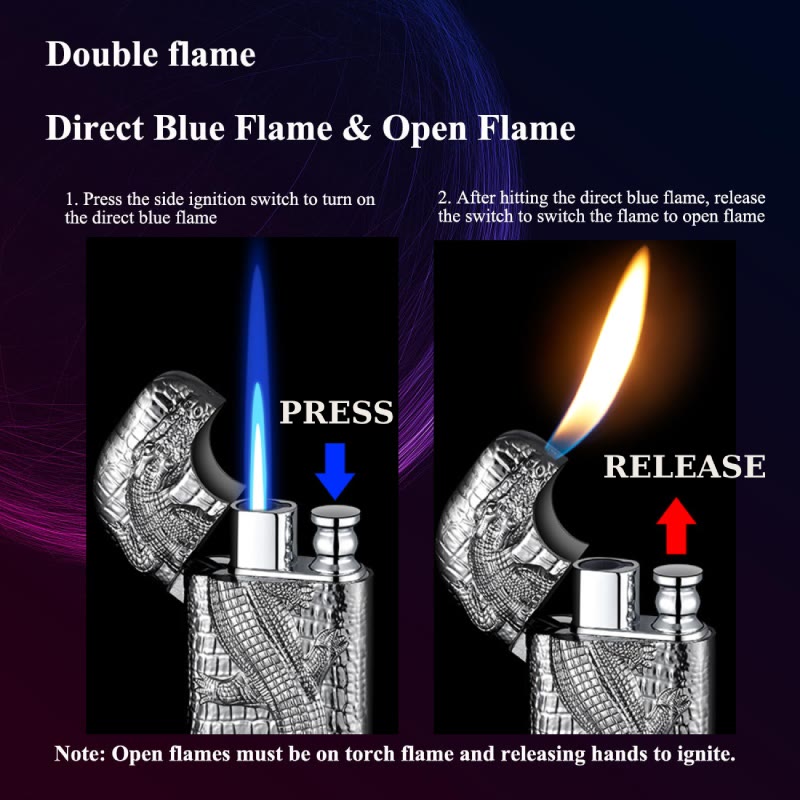 Encendedor de butano recargable con doble llama y relieve de cocodrilo salvaje