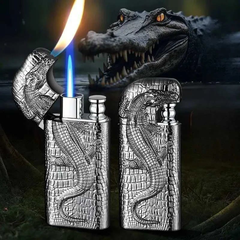 Encendedor de butano recargable con doble llama y relieve de cocodrilo salvaje