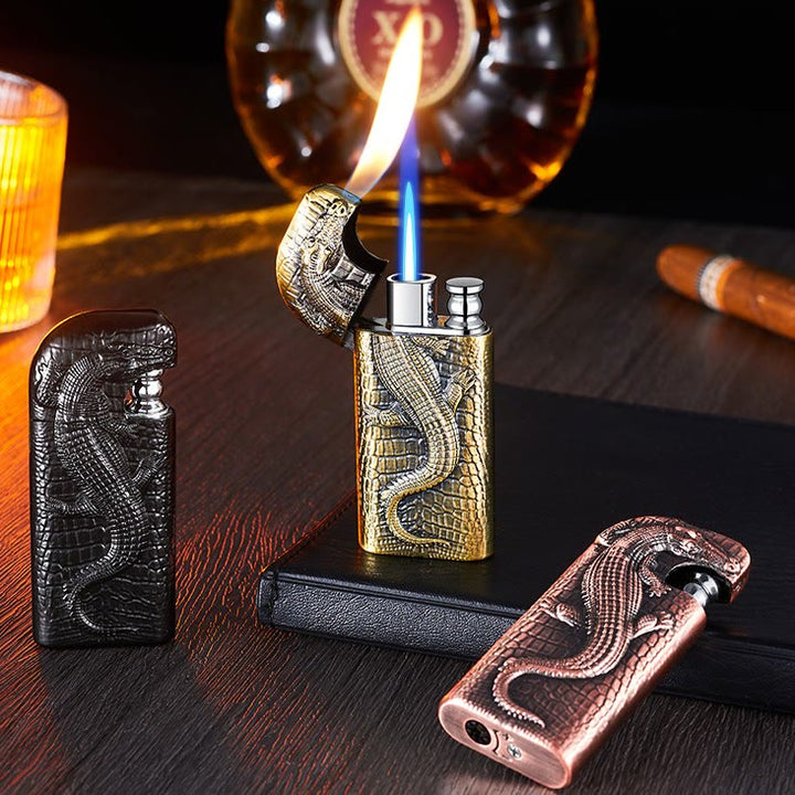 Encendedor de butano recargable con doble llama y relieve de cocodrilo salvaje