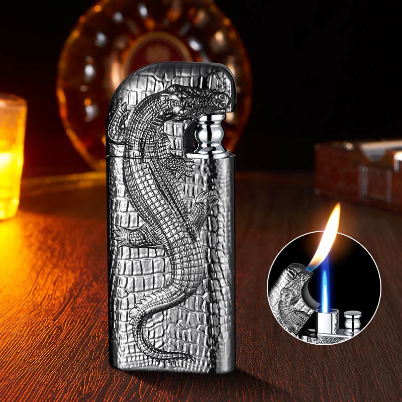 Encendedor de butano recargable con doble llama y relieve de cocodrilo salvaje