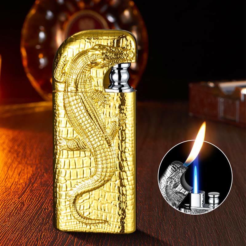 Encendedor de butano recargable con doble llama y relieve de cocodrilo salvaje