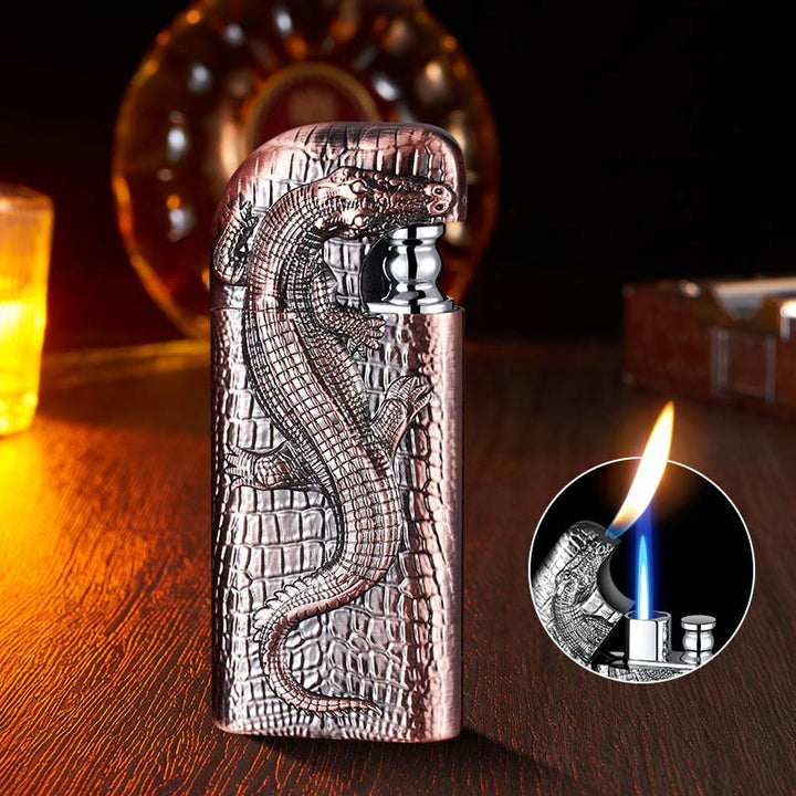 Encendedor de butano recargable con doble llama y relieve de cocodrilo salvaje