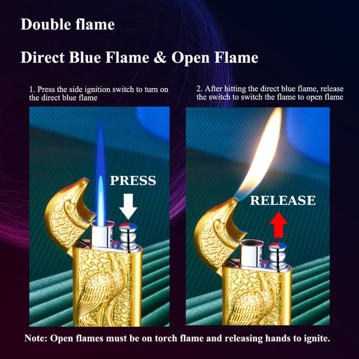 Encendedor de butano recargable Grus Japonensis con doble llama en relieve