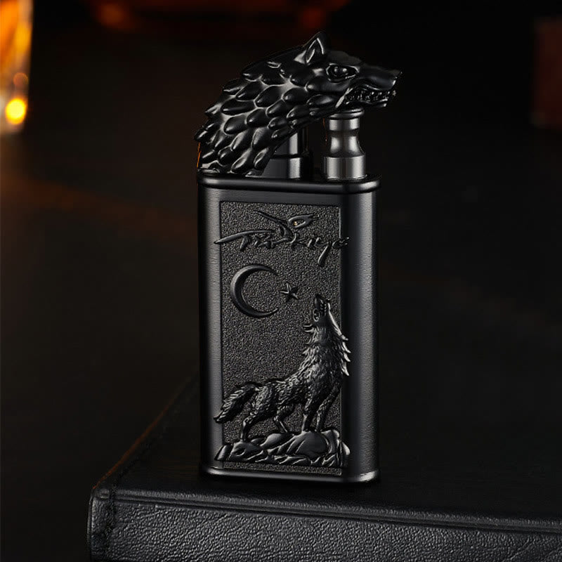 Encendedor de butano recargable con doble llama y relieve de lobo rugiente
