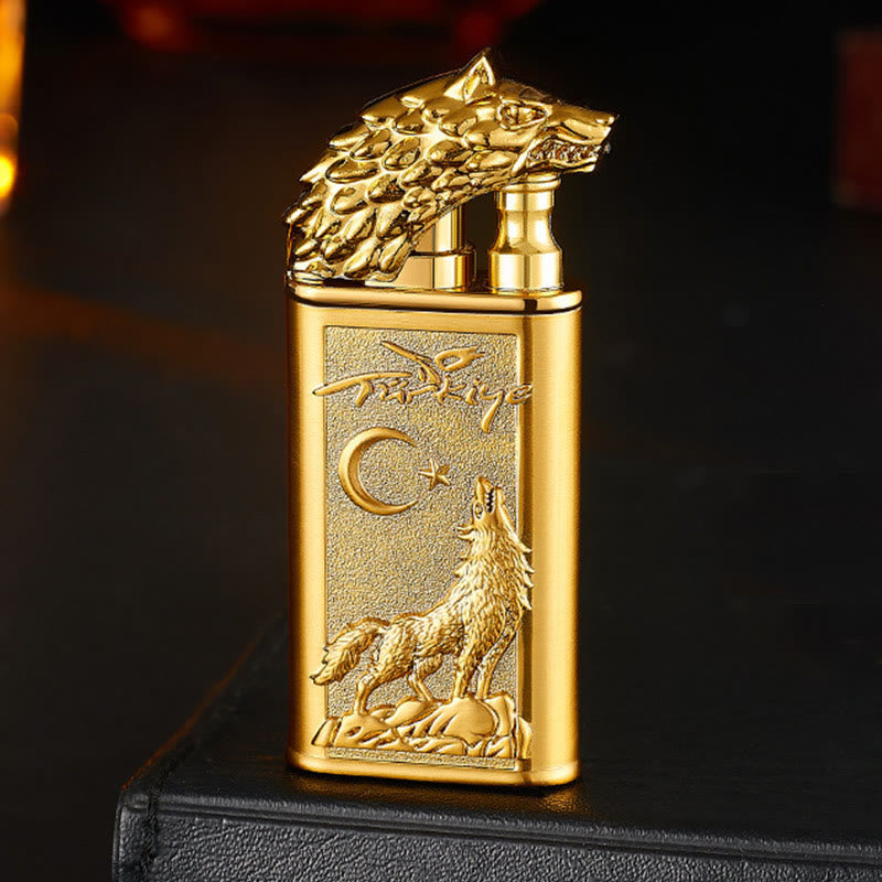 Encendedor de butano recargable con doble llama y relieve de lobo rugiente