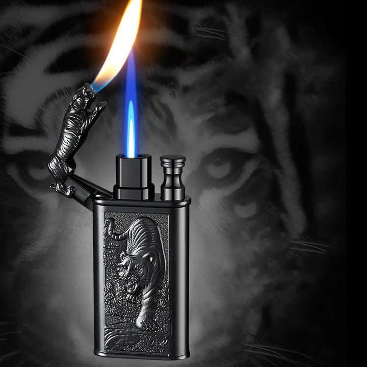 Encendedor de butano recargable con doble llama y relieve de tigre feroz