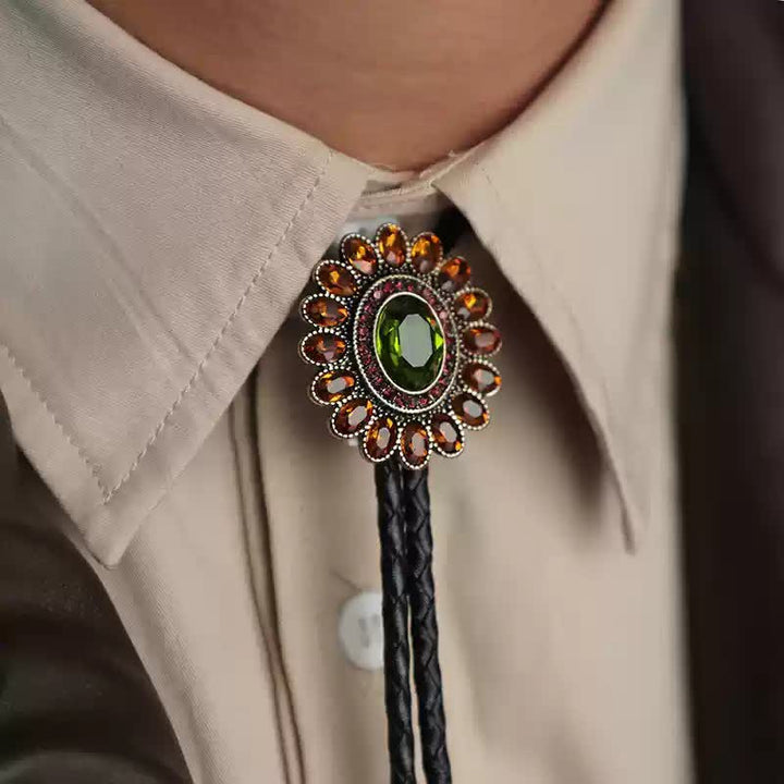 Corbata bolo con flor de cristal verde y naranja solar