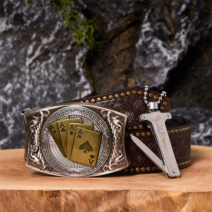 Hebilla de cinturón con cuchillo oculto y encendedor de hielo negro, con diseño de as de póker