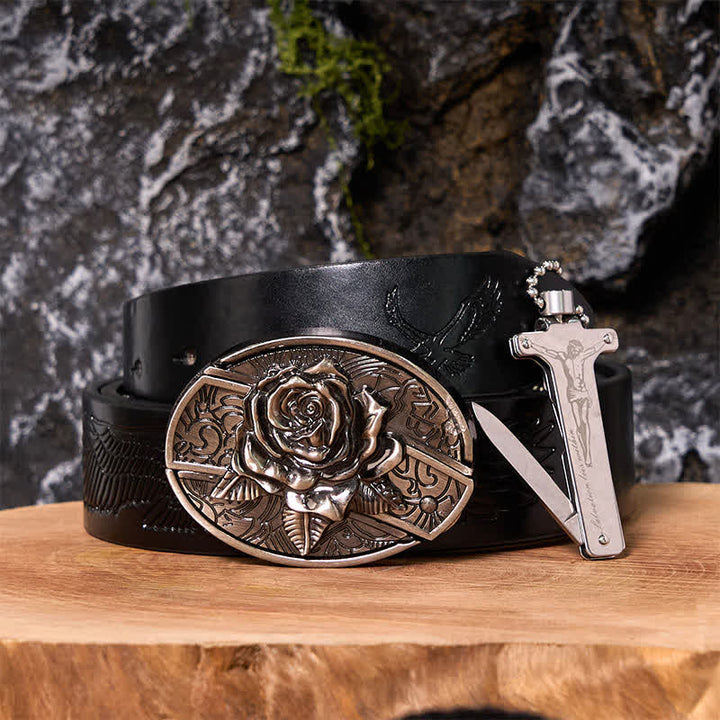 Hebilla de cinturón con cuchillo oculto y encendedor de hielo negro, con diseño de as de póker