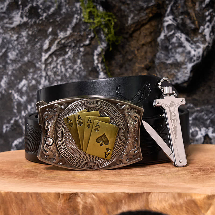 Hebilla de cinturón con cuchillo oculto y encendedor de hielo negro, con diseño de as de póker