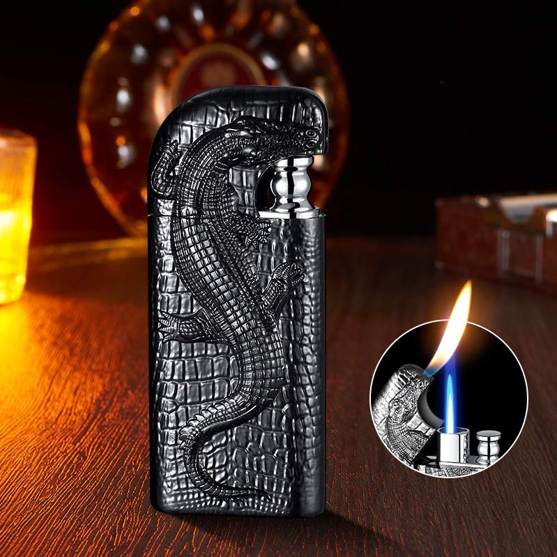 Encendedor de butano recargable con doble llama y relieve de cocodrilo salvaje